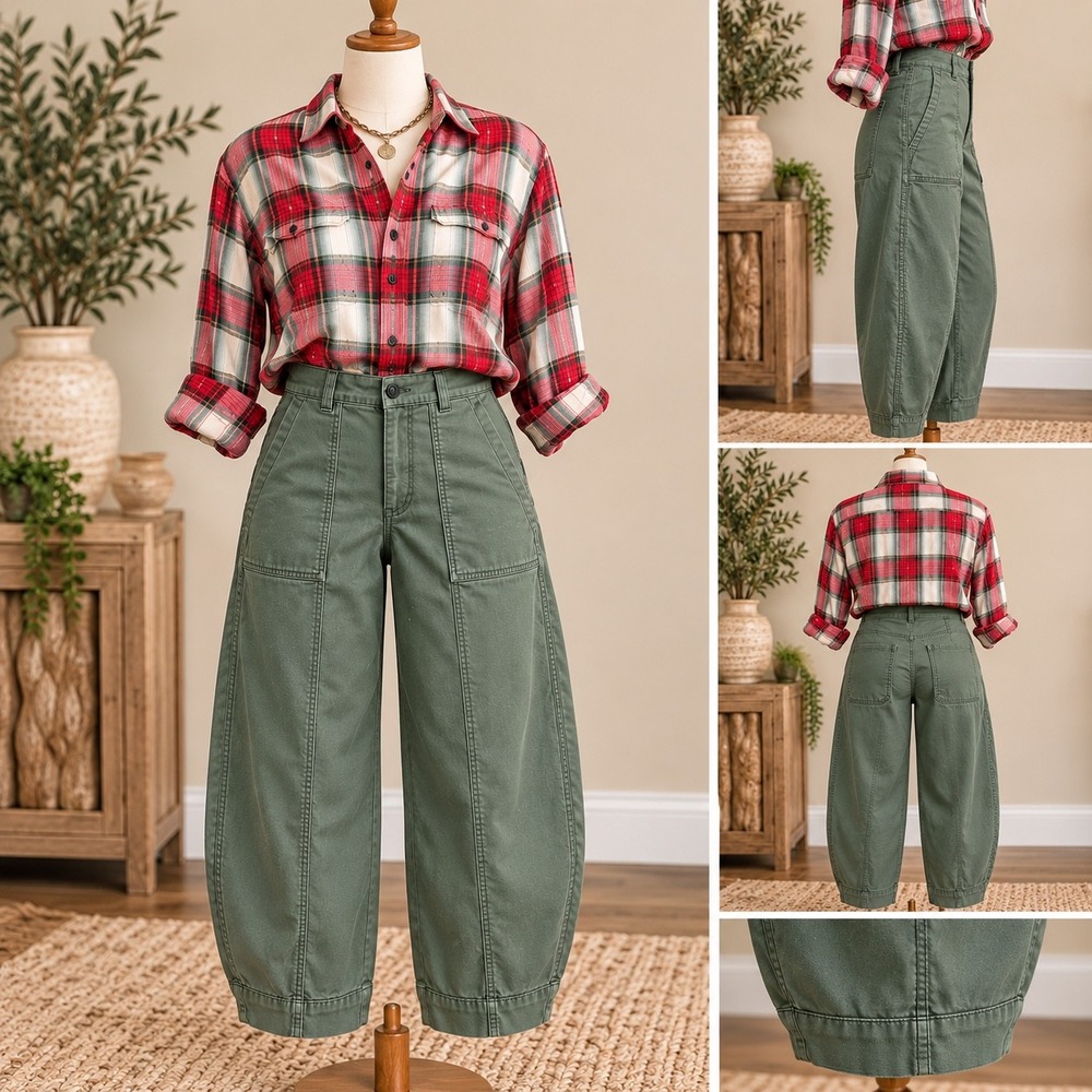 Old Navy Barrel Leg Pants 8 Petite Green Cotton Stretch High Rise Utility Pocket